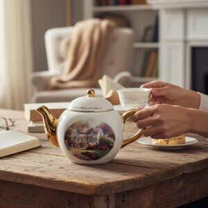 VTG Thomas Kinkade Teapot "Home Is Where The Heart Is II" CottageCore  Chic Deco